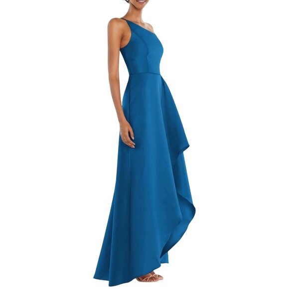 Alfred Sung Classic Blue 4R One-Shoulder Asymmetrical Gown Polyester Formal - Picture 10 of 16